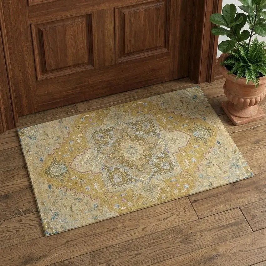 Gold Blue And Gray Oriental Washable Area Rug With UV Protection Photo 1