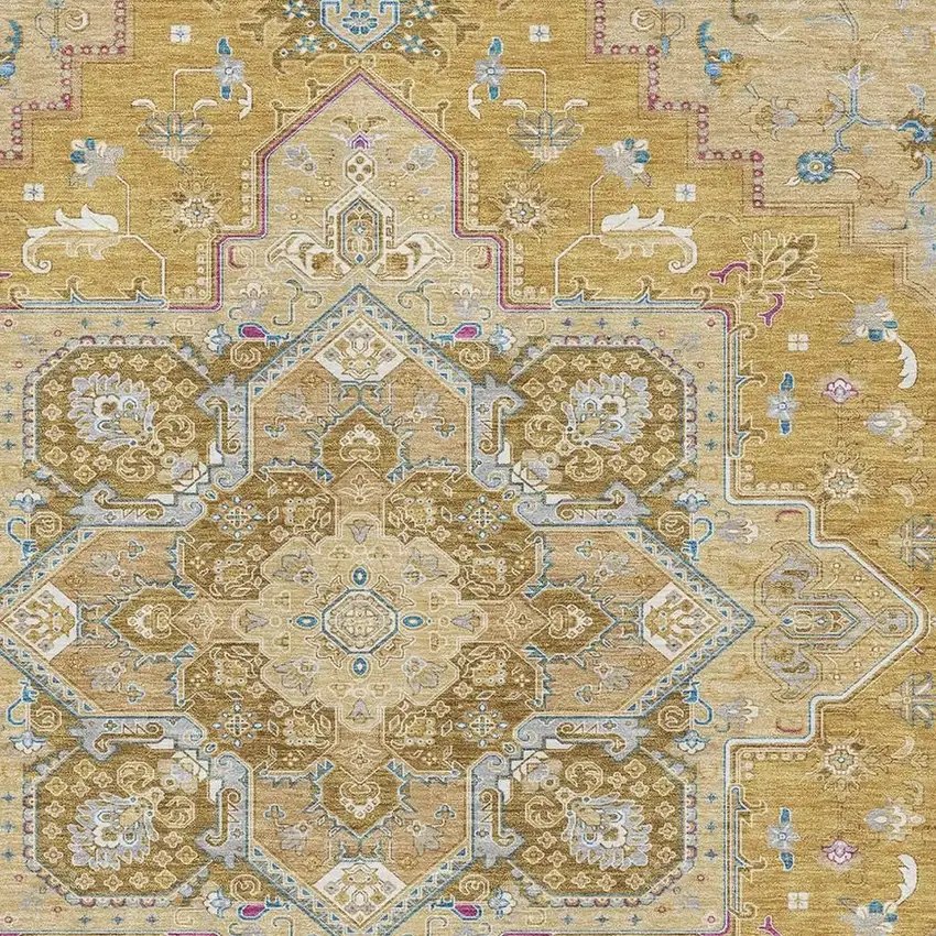 Gold Blue And Gray Oriental Washable Area Rug With UV Protection Photo 2