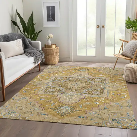 Gold Blue And Gray Oriental Washable Area Rug With UV Protection Photo 5