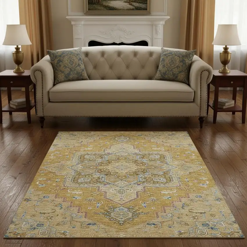 Gold Blue And Gray Oriental Washable Area Rug With UV Protection Photo 2