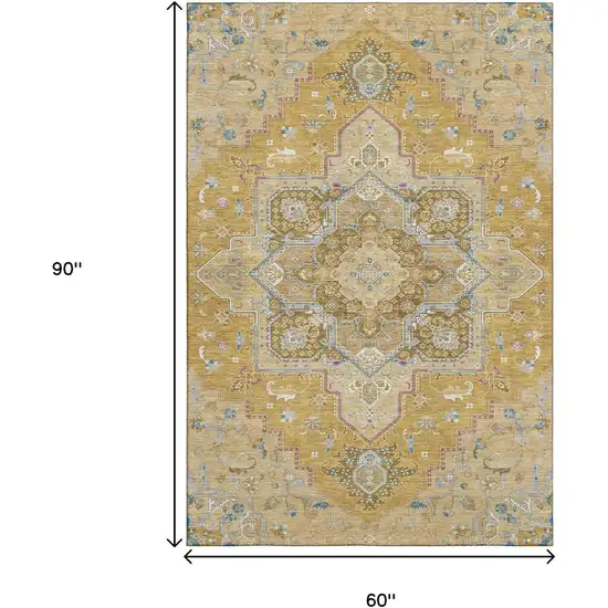 Gold Blue And Gray Oriental Washable Area Rug With UV Protection Photo 8