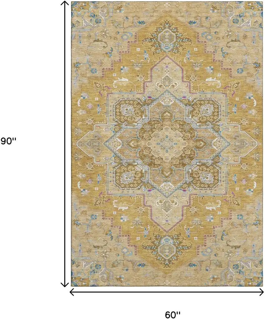 Gold Blue And Gray Oriental Washable Area Rug With UV Protection Photo 8