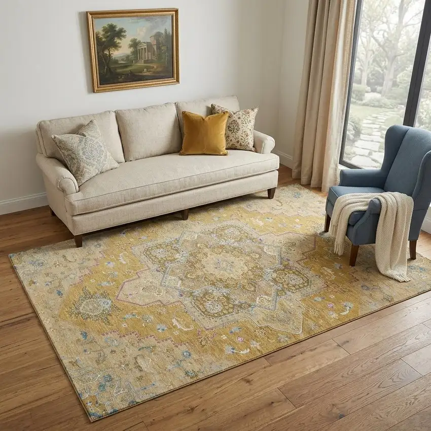 Gold Blue And Gray Oriental Washable Area Rug With UV Protection Photo 1