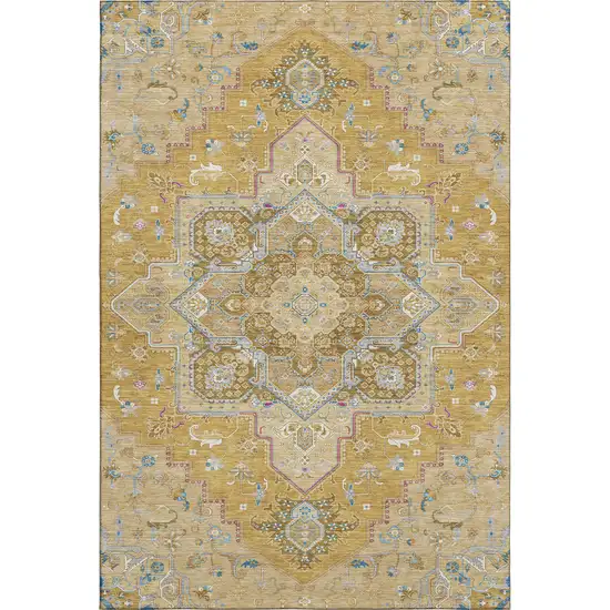 Gold Blue And Gray Oriental Washable Area Rug With UV Protection Photo 1