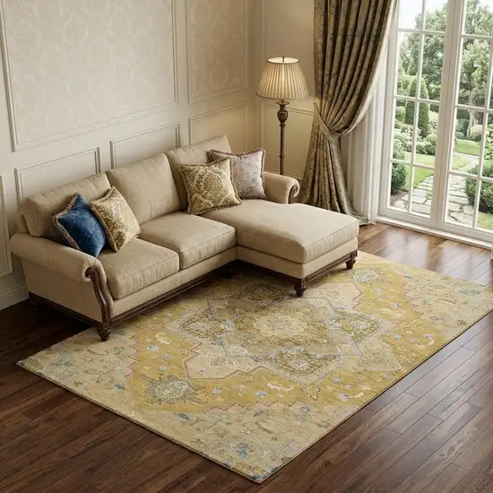 Gold Blue And Gray Oriental Washable Area Rug With UV Protection Photo 1