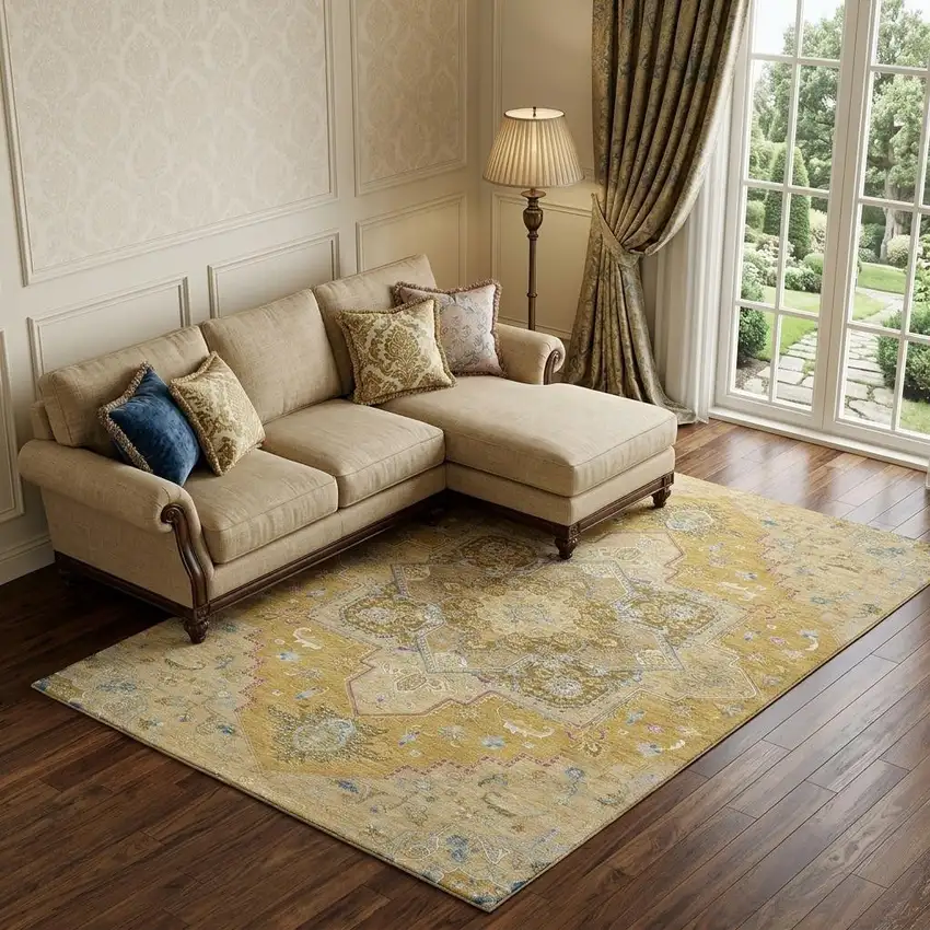 Gold Blue And Gray Oriental Washable Area Rug With UV Protection Photo 1