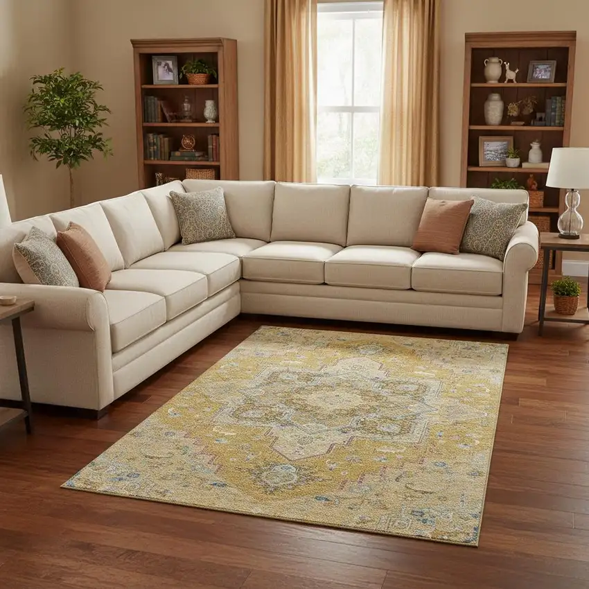 Gold Blue And Gray Oriental Washable Area Rug With UV Protection Photo 2