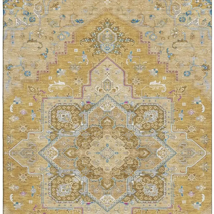 Gold Blue And Gray Oriental Washable Area Rug With UV Protection Photo 2