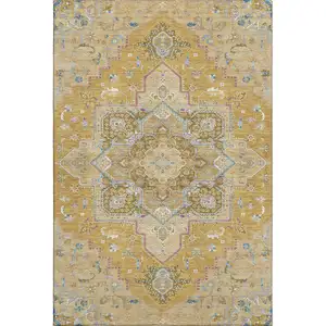 Photo of Gold Blue And Gray Oriental Washable Area Rug With UV Protection