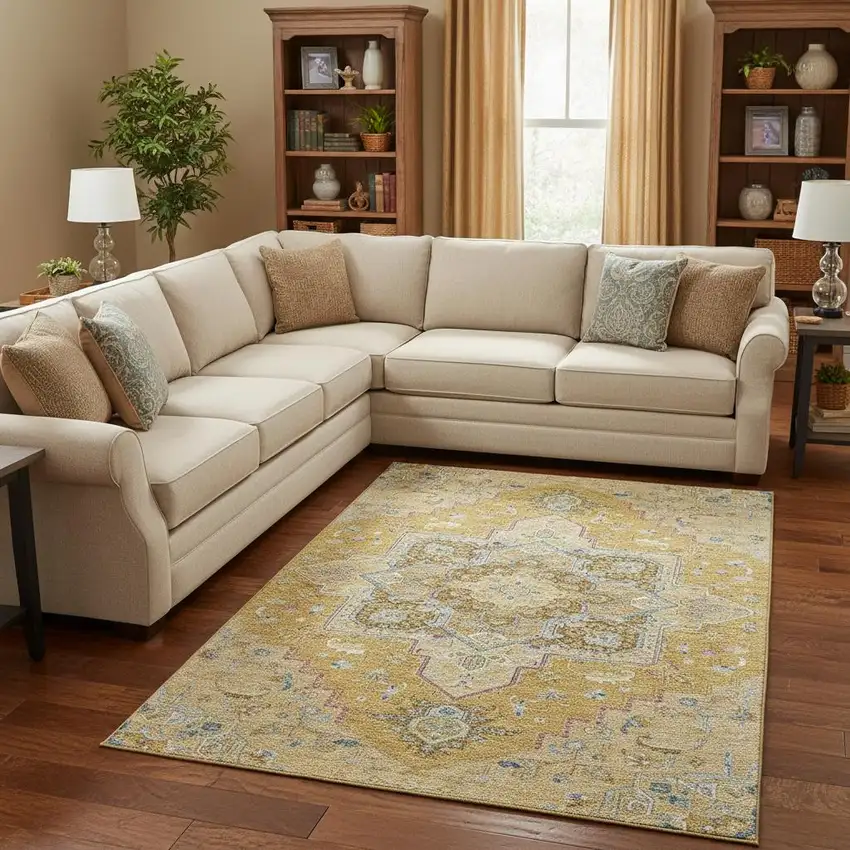 Gold Blue And Gray Oriental Washable Area Rug With UV Protection Photo 2