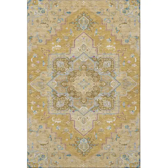 Gold Blue And Gray Oriental Washable Area Rug With UV Protection Photo 3
