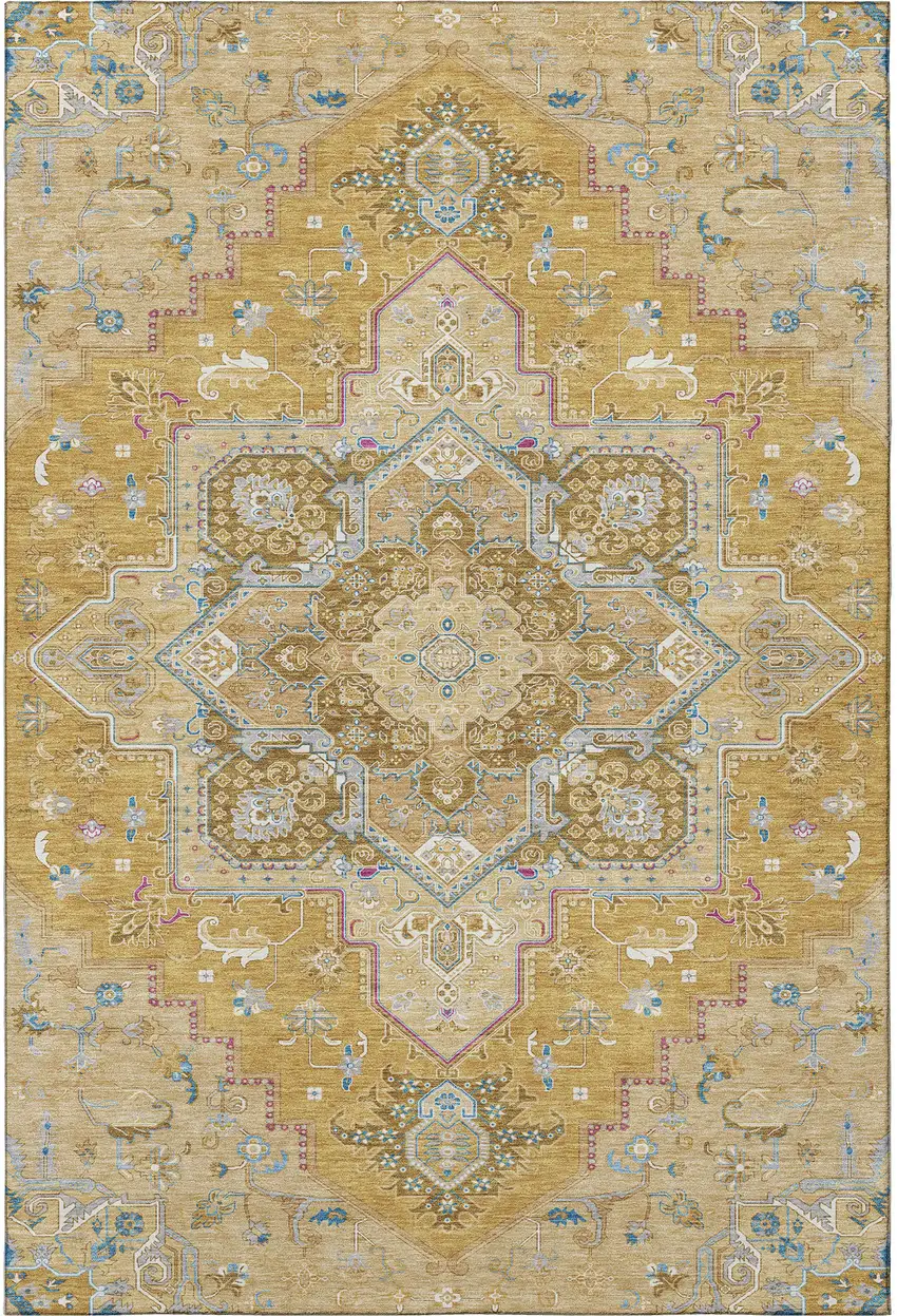 Gold Blue And Gray Oriental Washable Area Rug With UV Protection Photo 3