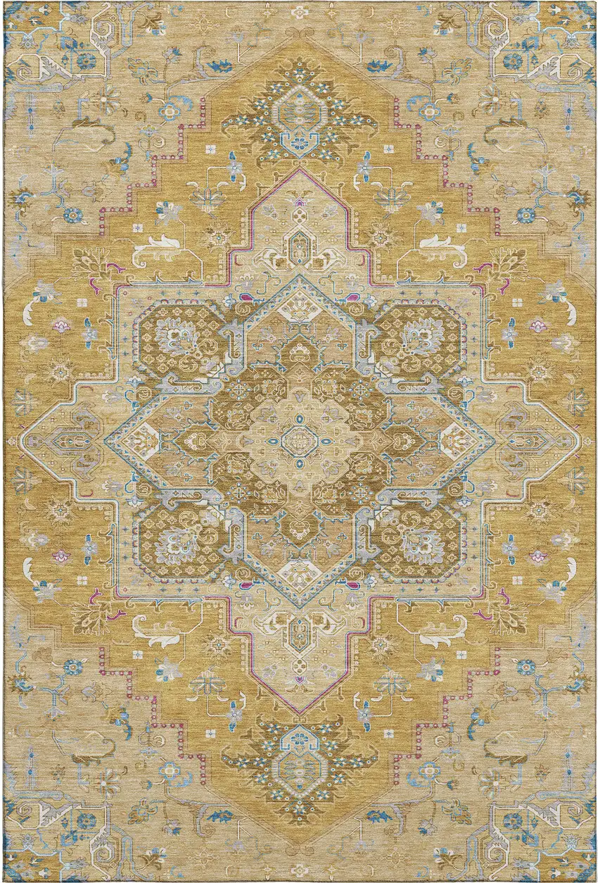 Gold Blue And Gray Oriental Washable Area Rug With UV Protection Photo 1