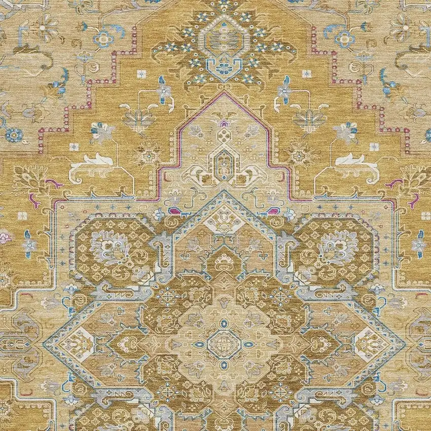 Gold Blue And Gray Oriental Washable Area Rug With UV Protection Photo 2