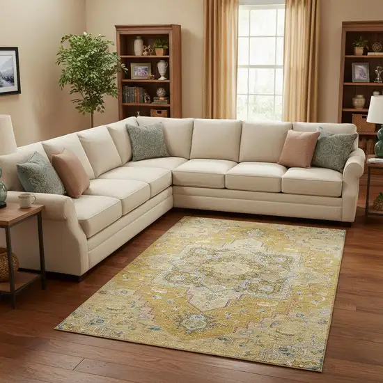 Gold Blue And Gray Oriental Washable Area Rug With UV Protection Photo 2