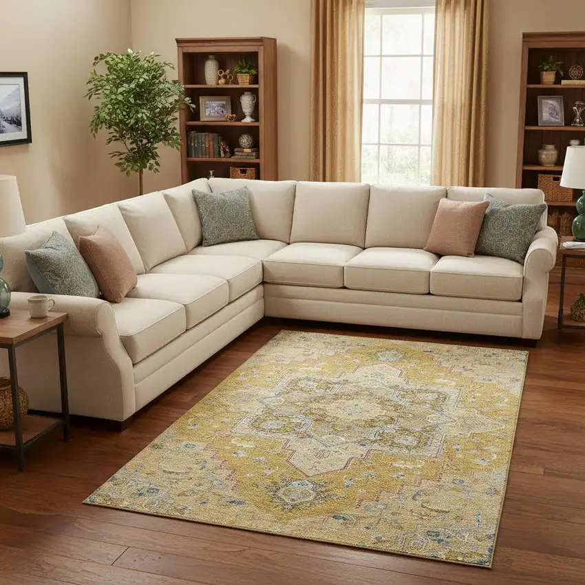 Gold Blue And Gray Oriental Washable Area Rug With UV Protection Photo 2