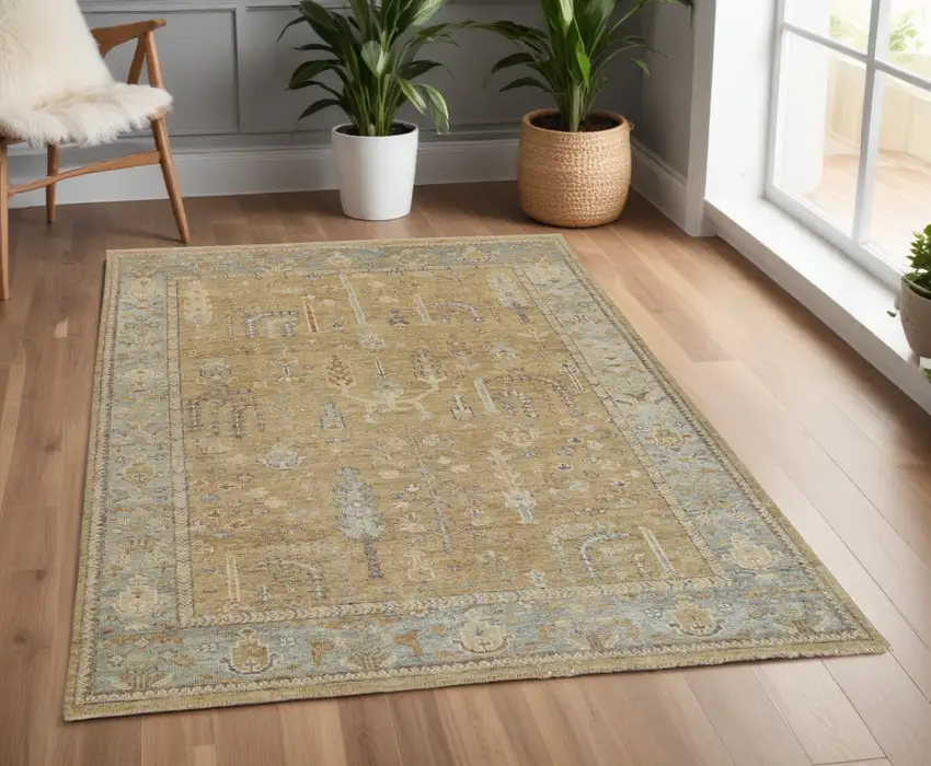 Blue and Gray Wool Floral Hand Knotted Area Rug With Fringe Photo 1