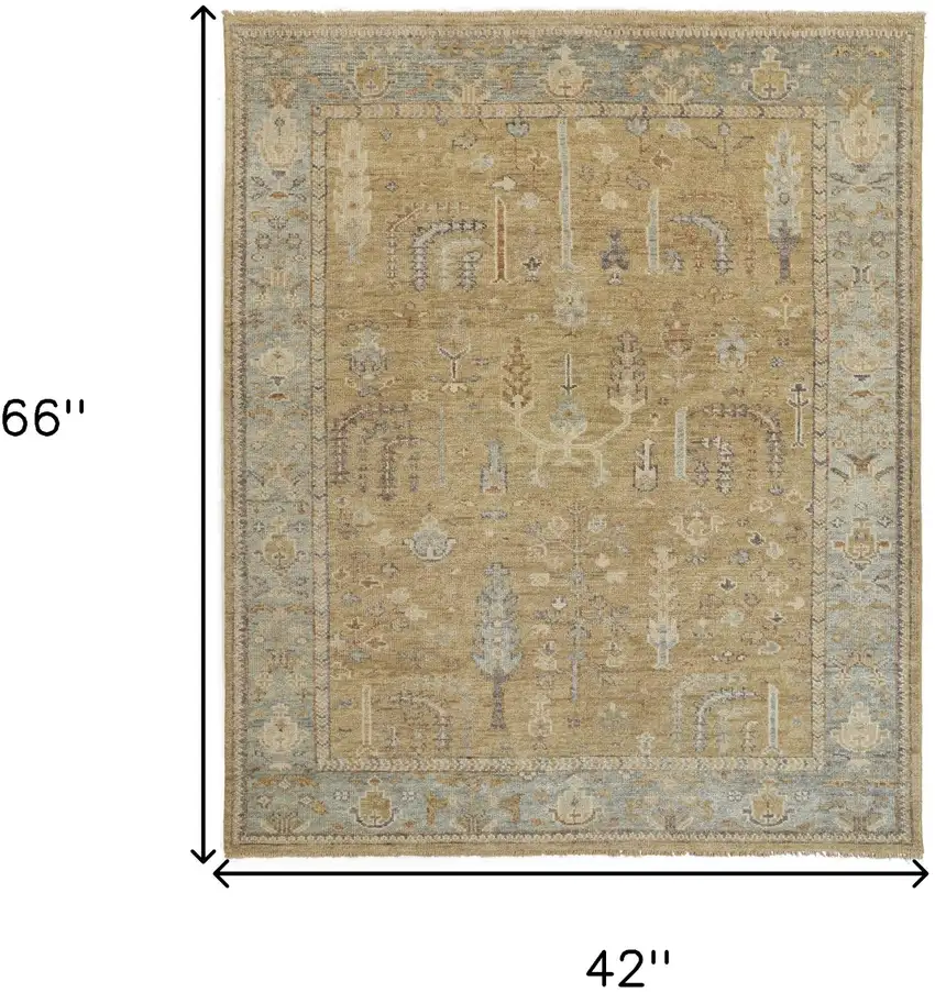 Gold Blue And Gray Wool Floral Hand Knotted Stain Resistant Area Rug With Fringe Photo 9