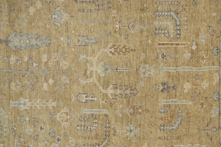 Gold Blue And Gray Wool Floral Hand Knotted Stain Resistant Area Rug With Fringe Photo 5