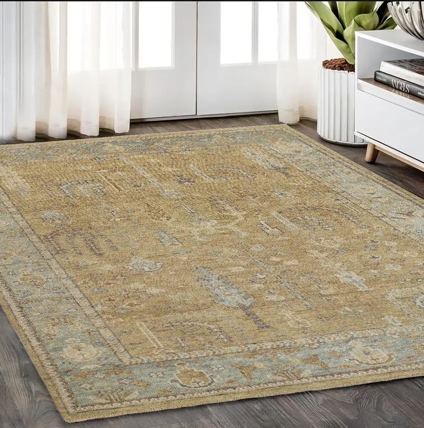 Gold Blue And Gray Wool Floral Hand Knotted Stain Resistant Area Rug With Fringe Photo 1