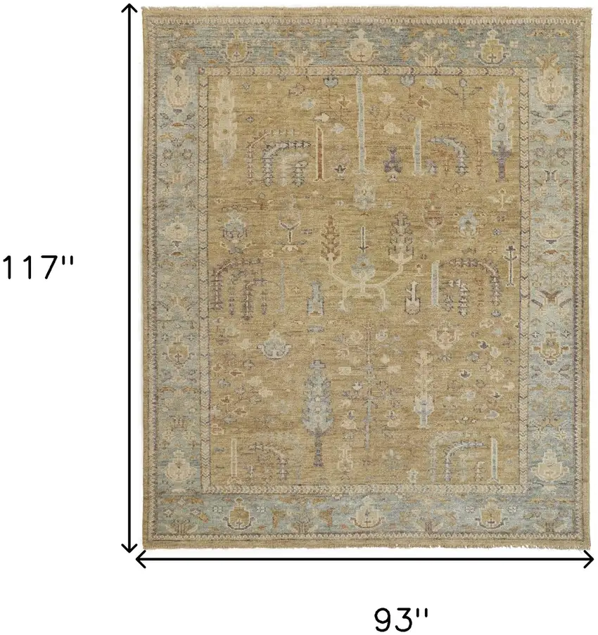Gold Blue And Gray Wool Floral Hand Knotted Stain Resistant Area Rug With Fringe Photo 9