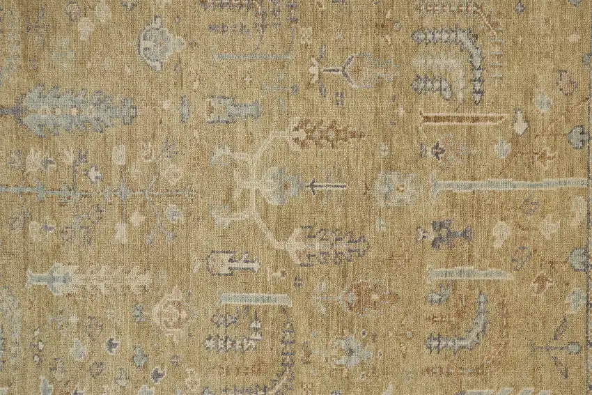 Gold Blue And Gray Wool Floral Hand Knotted Stain Resistant Area Rug With Fringe Photo 6