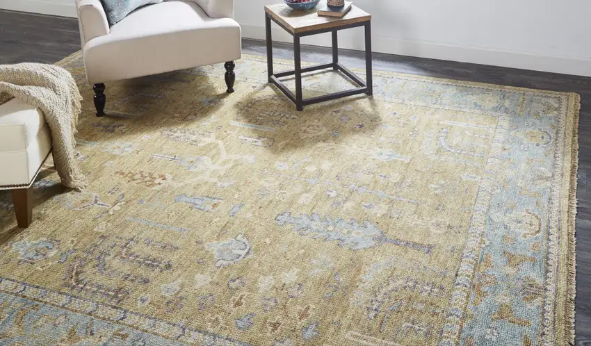 Gold Blue And Gray Wool Floral Hand Knotted Stain Resistant Area Rug With Fringe Photo 7