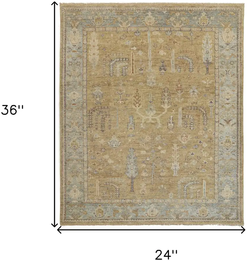 Gold Blue And Gray Wool Floral Hand Knotted Stain Resistant Area Rug With Fringe Photo 9