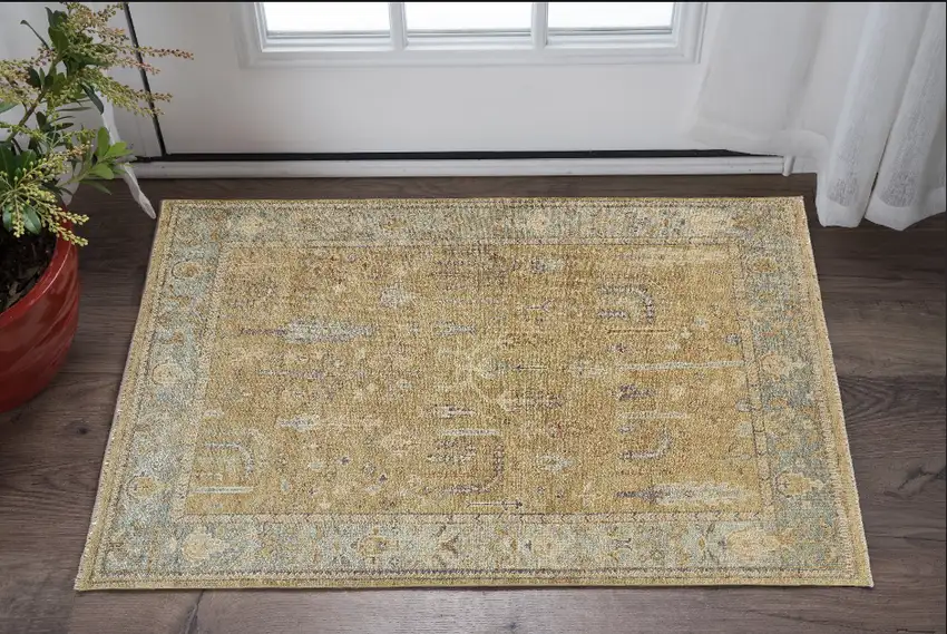 Gold Blue And Gray Wool Floral Hand Knotted Stain Resistant Area Rug With Fringe Photo 1