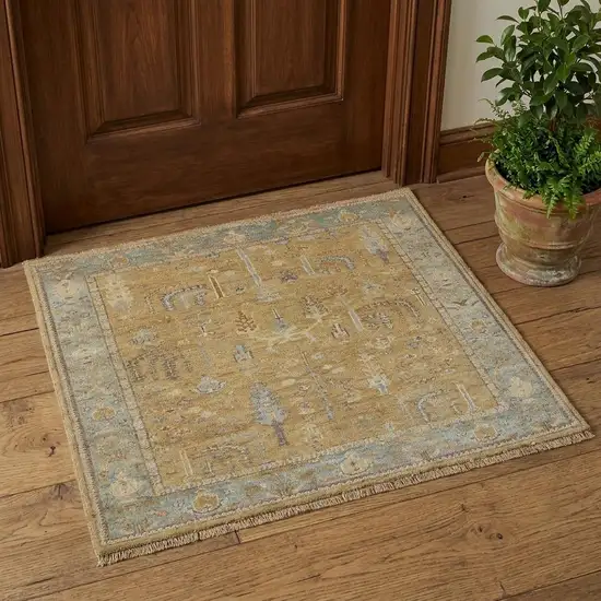 Blue Gray And Brown Wool Floral Hand Knotted Area Rug With Fringe Photo 1