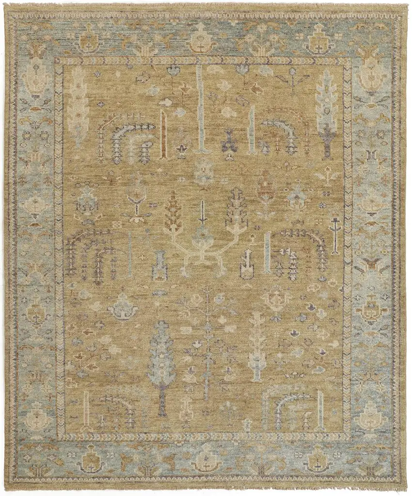 Gold Blue And Gray Wool Floral Hand Knotted Stain Resistant Area Rug With Fringe Photo 1
