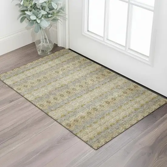 Gold Blue And Ivory Floral Medallion Washable Area Rug With UV Protection Photo 1