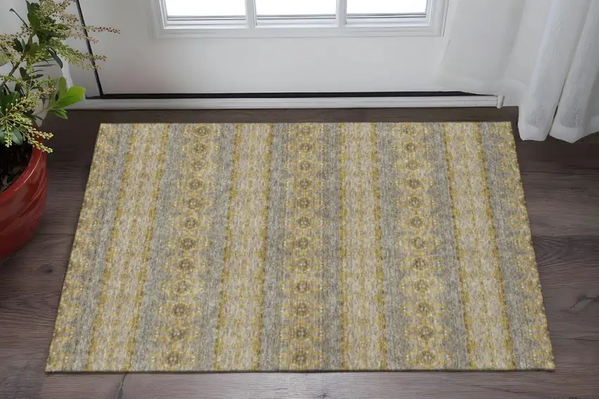 Gold Blue And Ivory Floral Medallion Washable Area Rug With UV Protection Photo 2