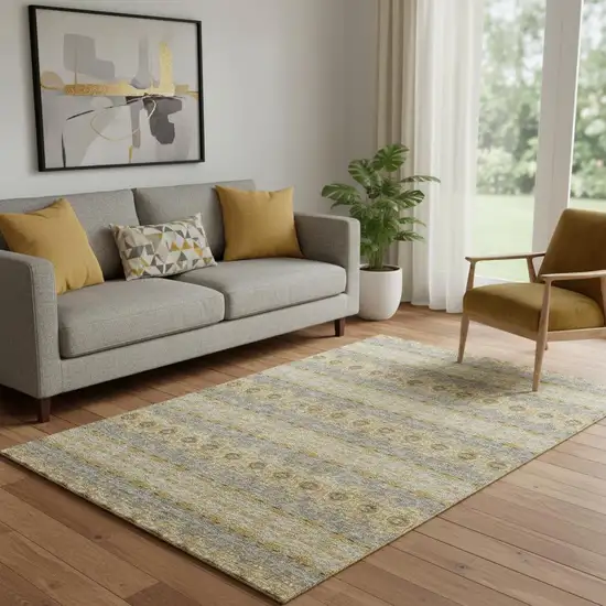 Gold Blue And Ivory Floral Medallion Washable Area Rug With UV Protection Photo 2