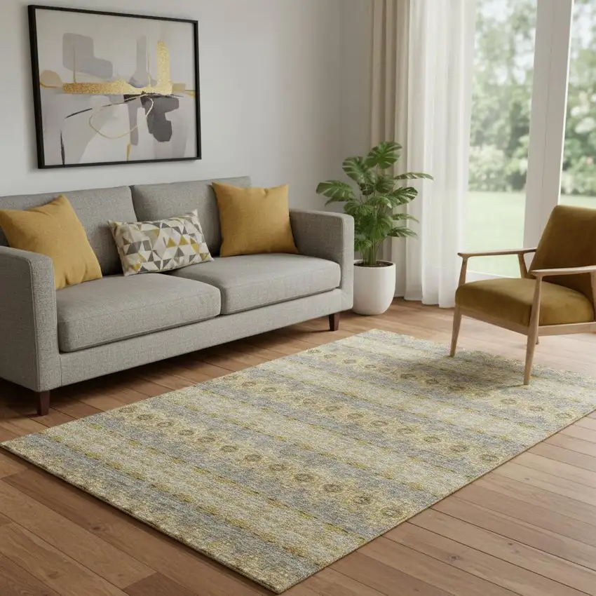 Gold Blue And Ivory Floral Medallion Washable Area Rug With UV Protection Photo 2