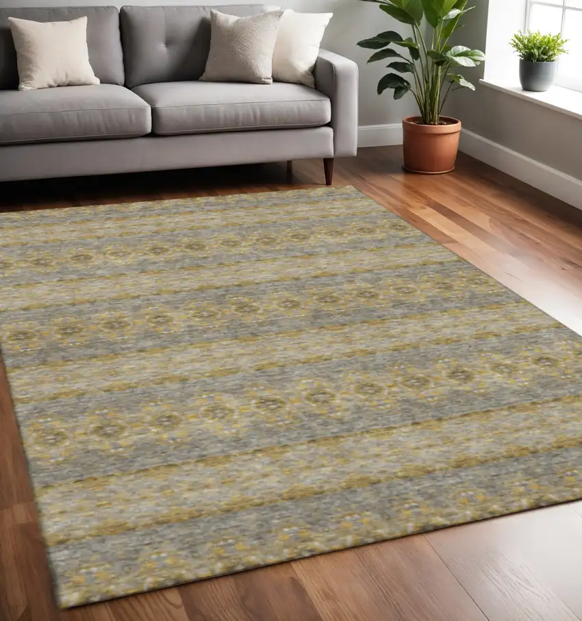 Gold Blue And Ivory Floral Medallion Washable Area Rug With UV Protection Photo 2