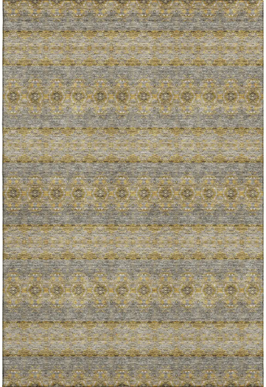 Gold Blue And Ivory Floral Medallion Washable Area Rug With UV Protection Photo 1