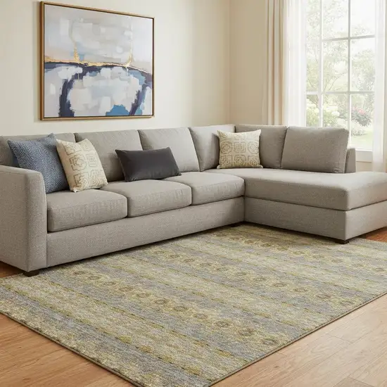 Gold Blue And Ivory Floral Medallion Washable Area Rug With UV Protection Photo 1