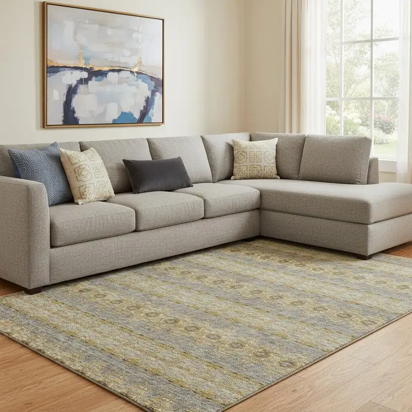 Gold Blue And Ivory Floral Medallion Washable Area Rug With UV Protection Photo 1