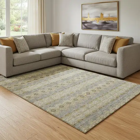 Gold Blue And Ivory Floral Medallion Washable Area Rug With UV Protection Photo 1