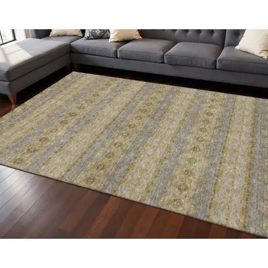 Gold Blue And Ivory Floral Medallion Washable Area Rug With UV Protection Photo 2