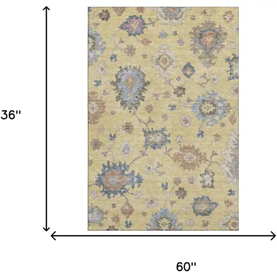 Gold Blue And Ivory Floral Washable Area Rug With UV Protection Photo 3