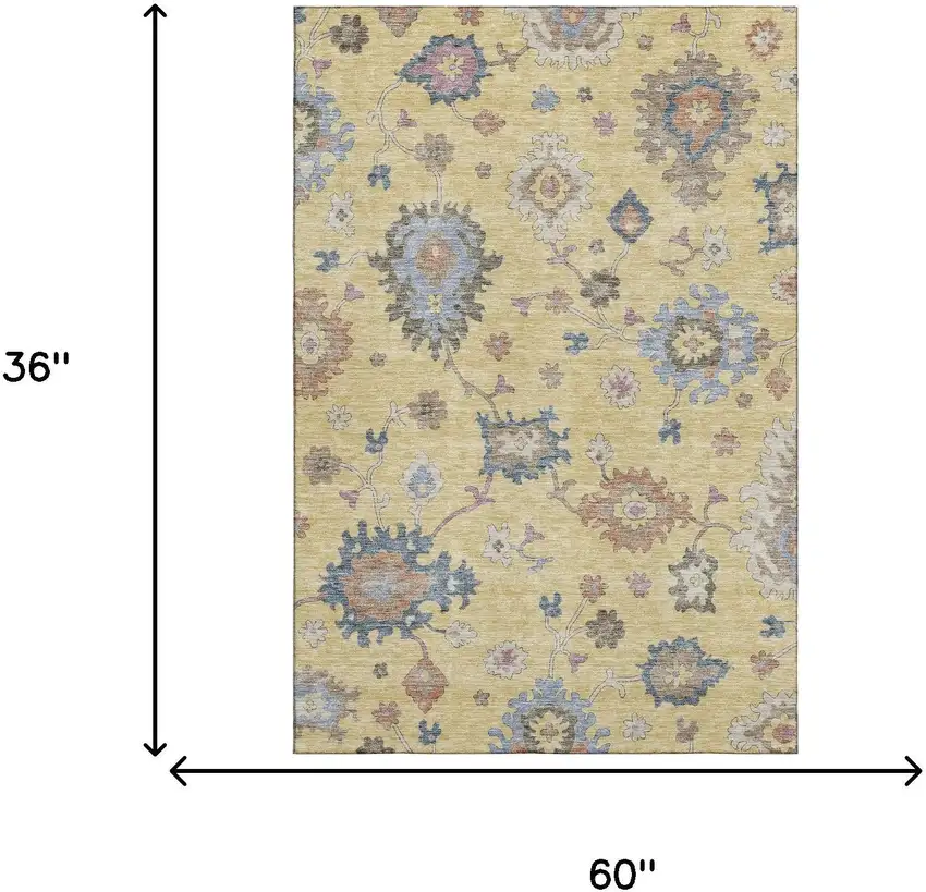 Gold Blue And Ivory Floral Washable Area Rug With UV Protection Photo 3