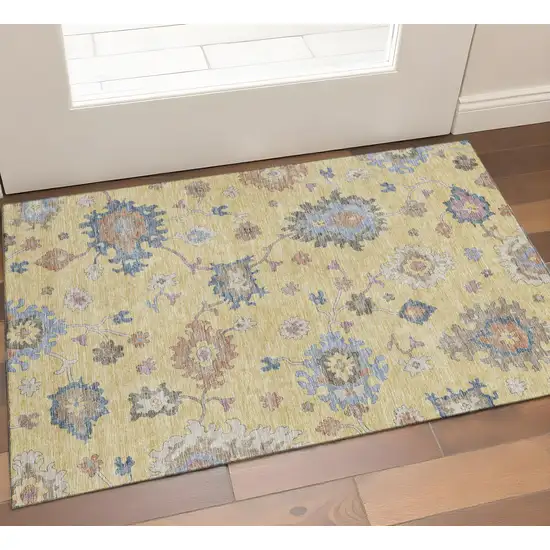 Gold Blue And Ivory Floral Washable Area Rug With UV Protection Photo 1