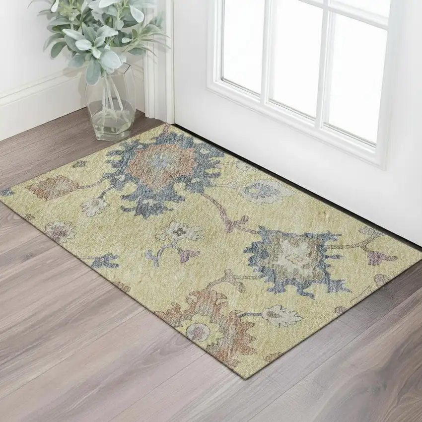 Gold Blue And Ivory Floral Washable Area Rug With UV Protection Photo 2