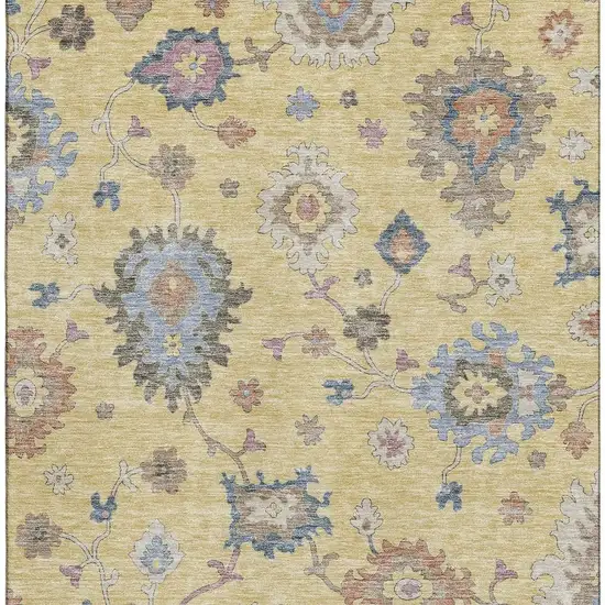 Gold Blue And Ivory Floral Washable Area Rug With UV Protection Photo 5