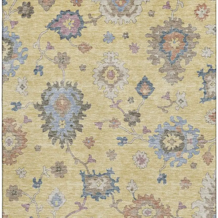 Gold Blue And Ivory Floral Washable Area Rug With UV Protection Photo 5