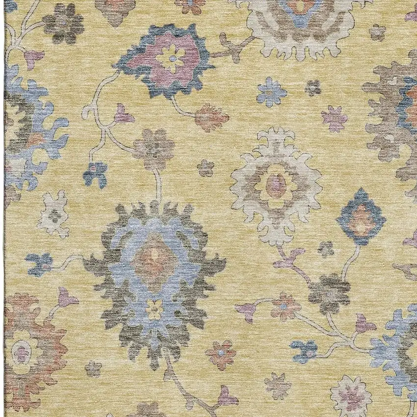 Gold Blue And Ivory Floral Washable Area Rug With UV Protection Photo 4