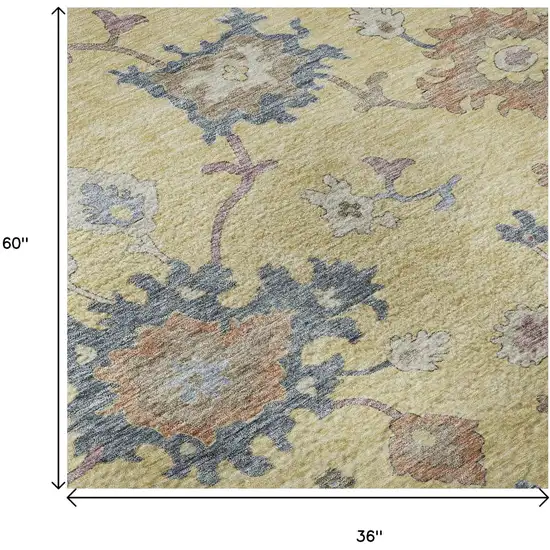 Gold Blue And Ivory Floral Washable Area Rug With UV Protection Photo 9