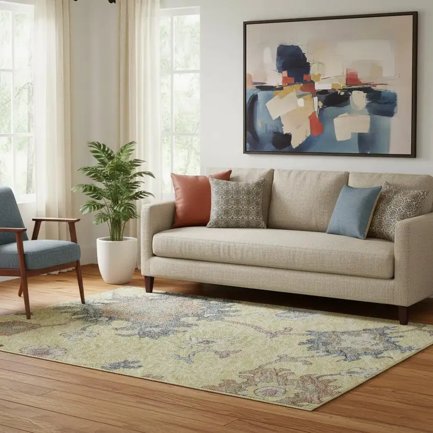 Gold Blue And Ivory Floral Washable Area Rug With UV Protection Photo 2